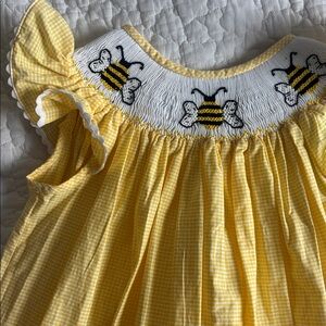 Yellow Gingham Bee Embroidered Kids Dress